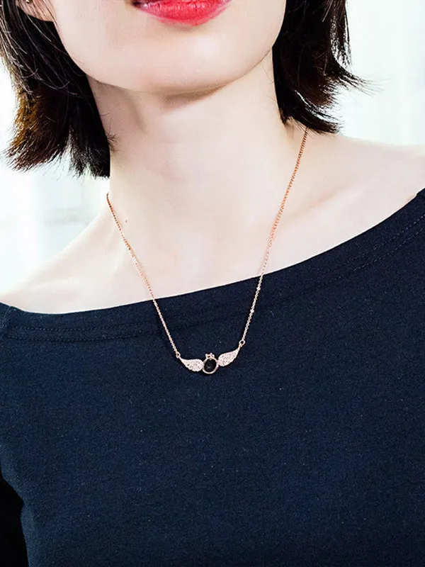Angel Wings Diamond Ring Necklace Copper Plated 18K Gold Jewelry