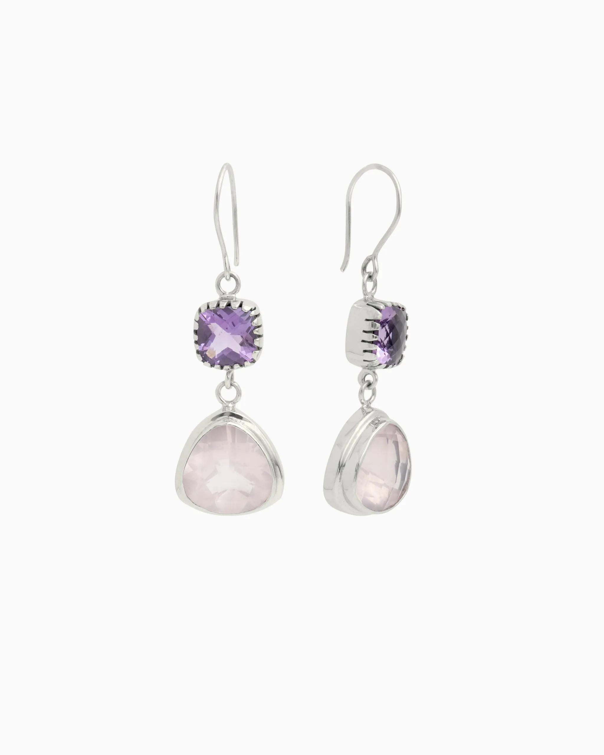 Angelfish Double Stone Drop Earrings - Amethyst/Rose Quartz
