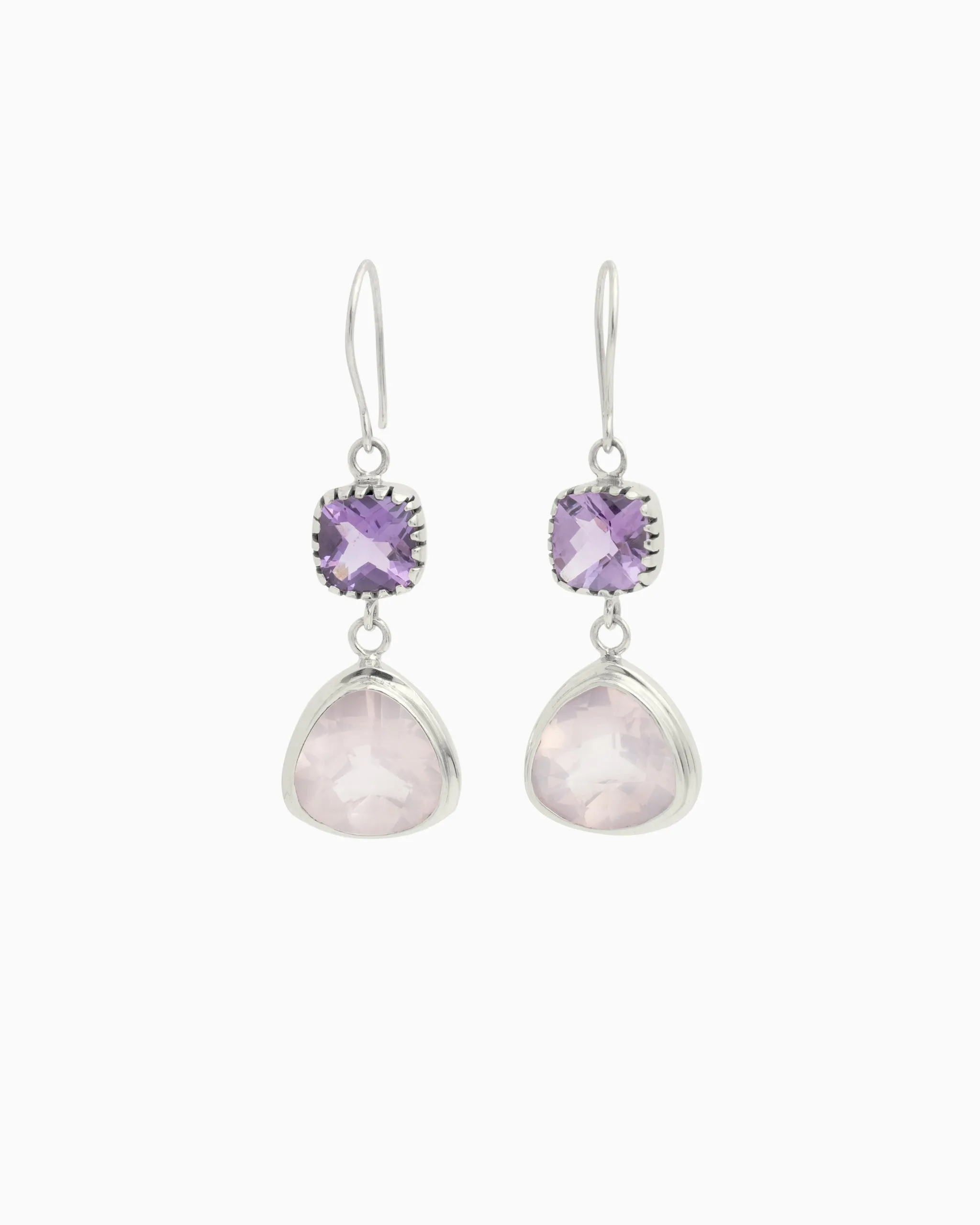 Angelfish Double Stone Drop Earrings - Amethyst/Rose Quartz
