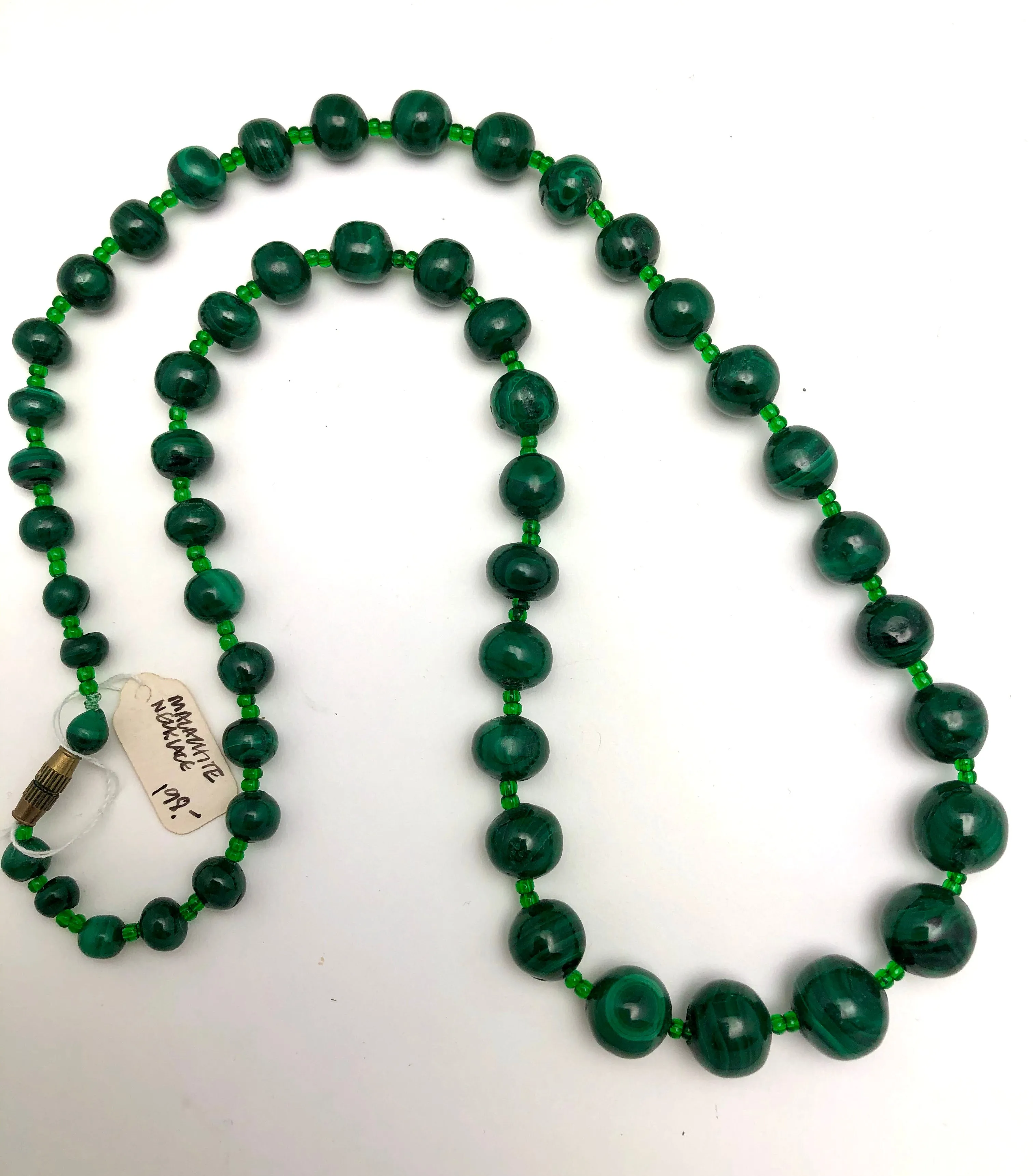Antique Malachite Bead Necklace 26”