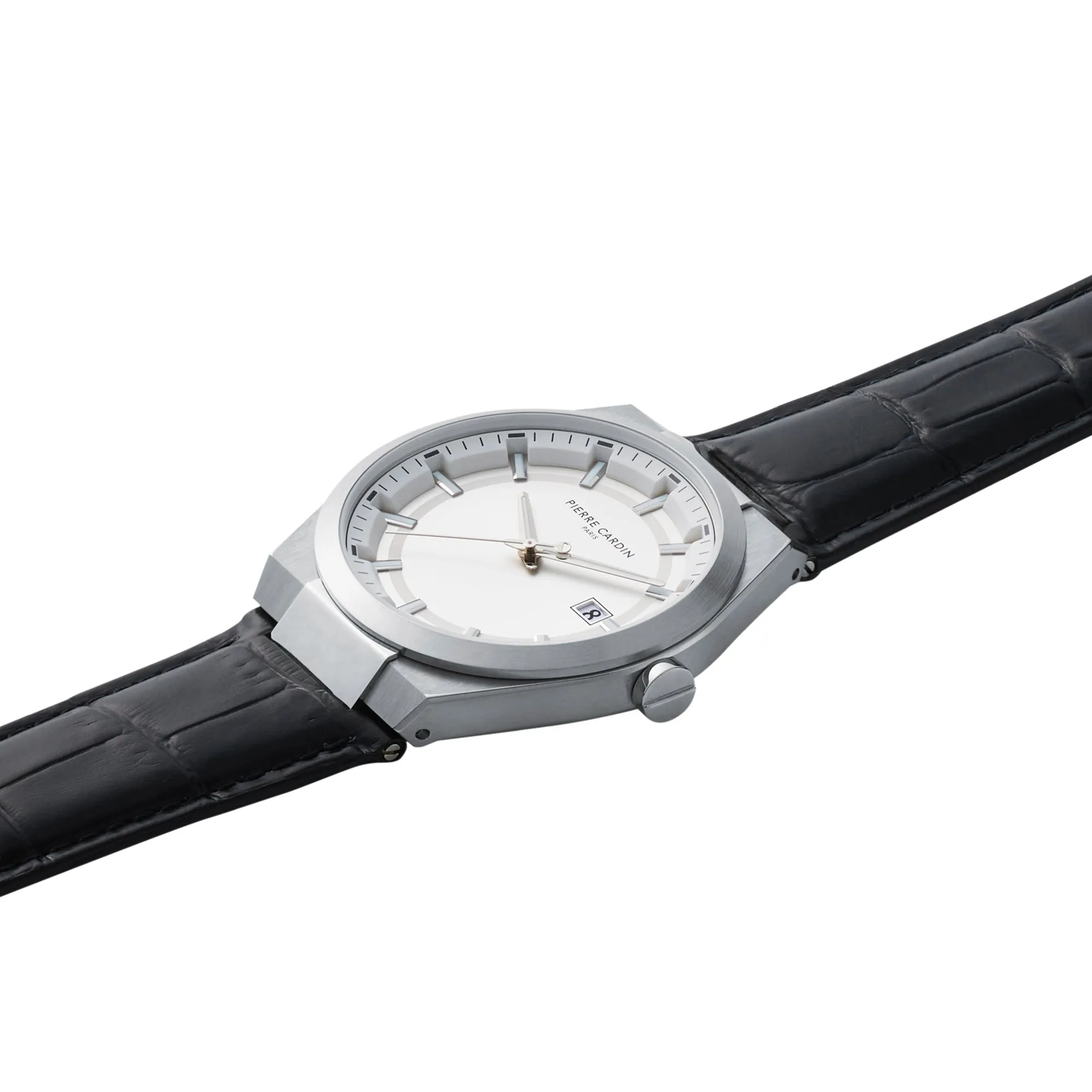 Batignolles Robust Stainless Steel watch with Silver White Dial and Black Leather Strap