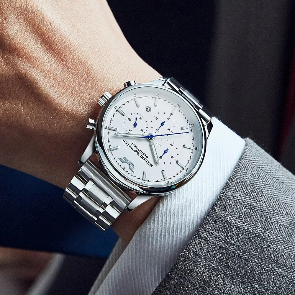 BELUSHI Fashion Mens Watches Luxury Top Brand Stainless Steel Sports Chronograph Quartz Watch Men Waterproof Relogio Masculino