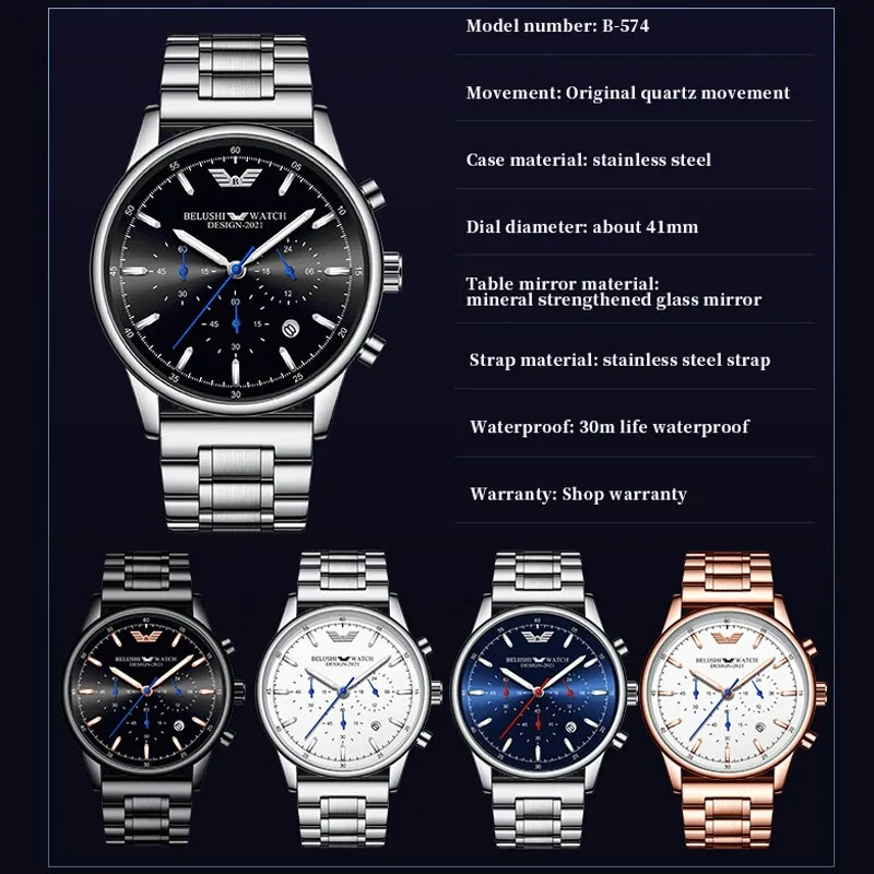 BELUSHI Fashion Mens Watches Luxury Top Brand Stainless Steel Sports Chronograph Quartz Watch Men Waterproof Relogio Masculino