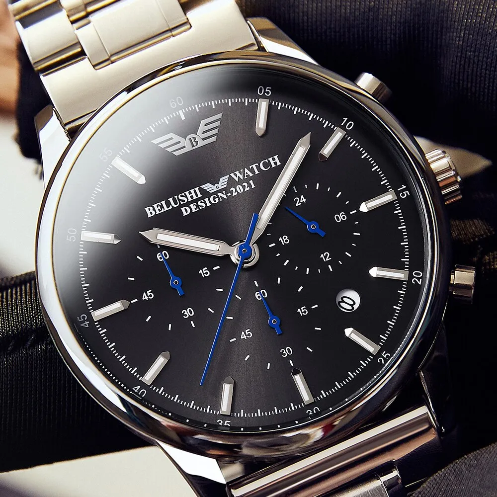 BELUSHI Fashion Mens Watches Luxury Top Brand Stainless Steel Sports Chronograph Quartz Watch Men Waterproof Relogio Masculino