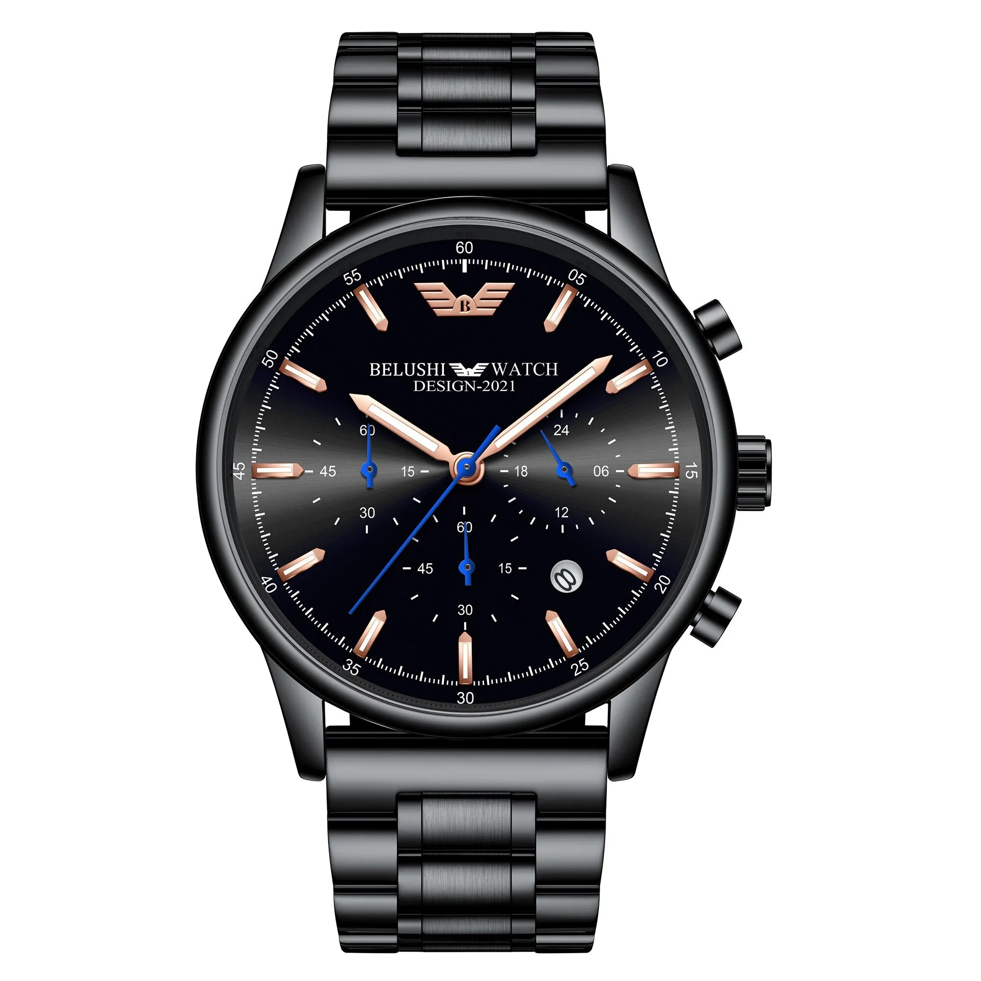 BELUSHI Fashion Mens Watches Luxury Top Brand Stainless Steel Sports Chronograph Quartz Watch Men Waterproof Relogio Masculino