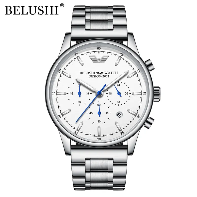 BELUSHI Fashion Mens Watches Luxury Top Brand Stainless Steel Sports Chronograph Quartz Watch Men Waterproof Relogio Masculino