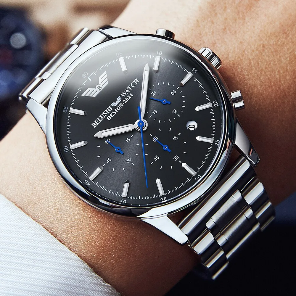 BELUSHI Fashion Mens Watches Luxury Top Brand Stainless Steel Sports Chronograph Quartz Watch Men Waterproof Relogio Masculino