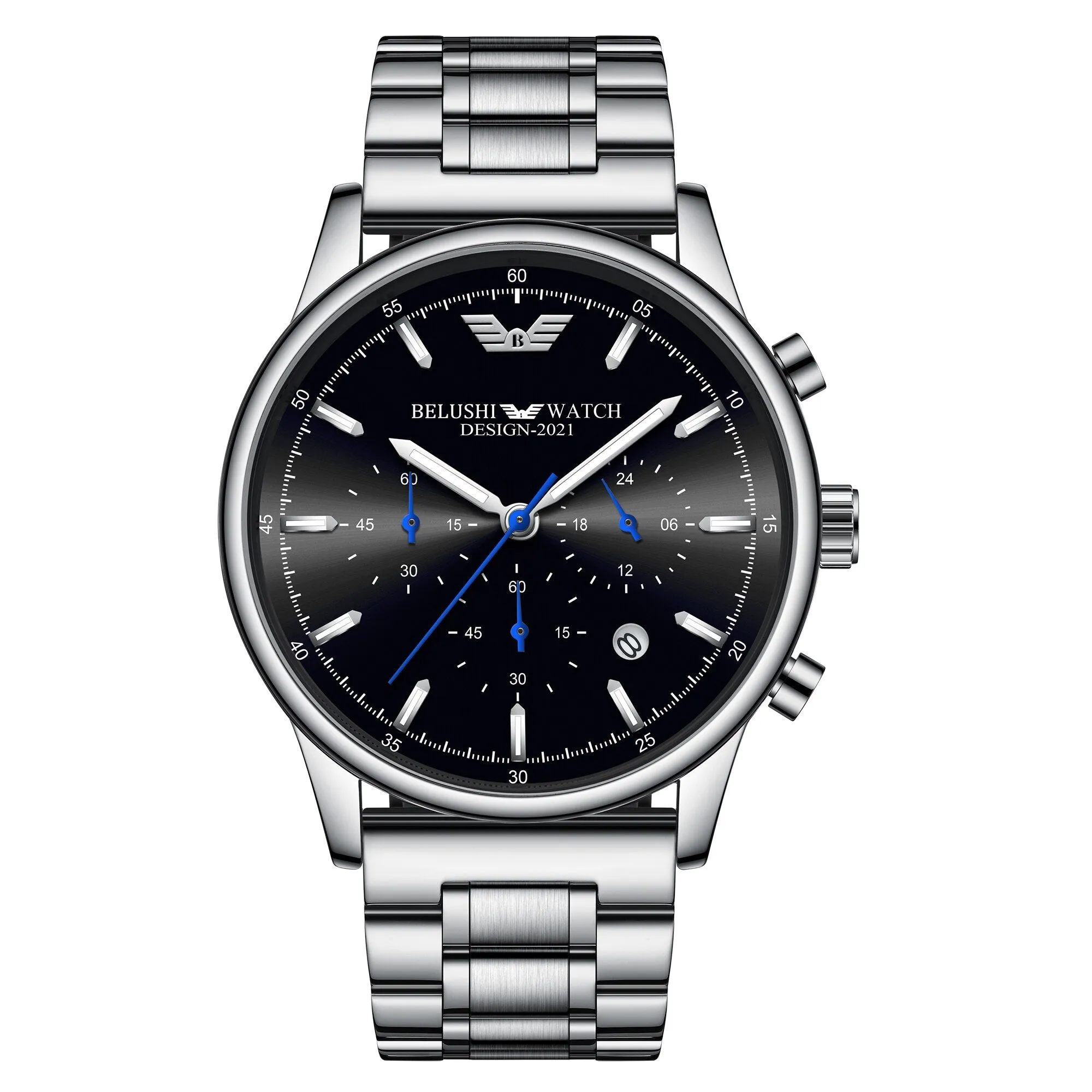 BELUSHI Fashion Mens Watches Luxury Top Brand Stainless Steel Sports Chronograph Quartz Watch Men Waterproof Relogio Masculino