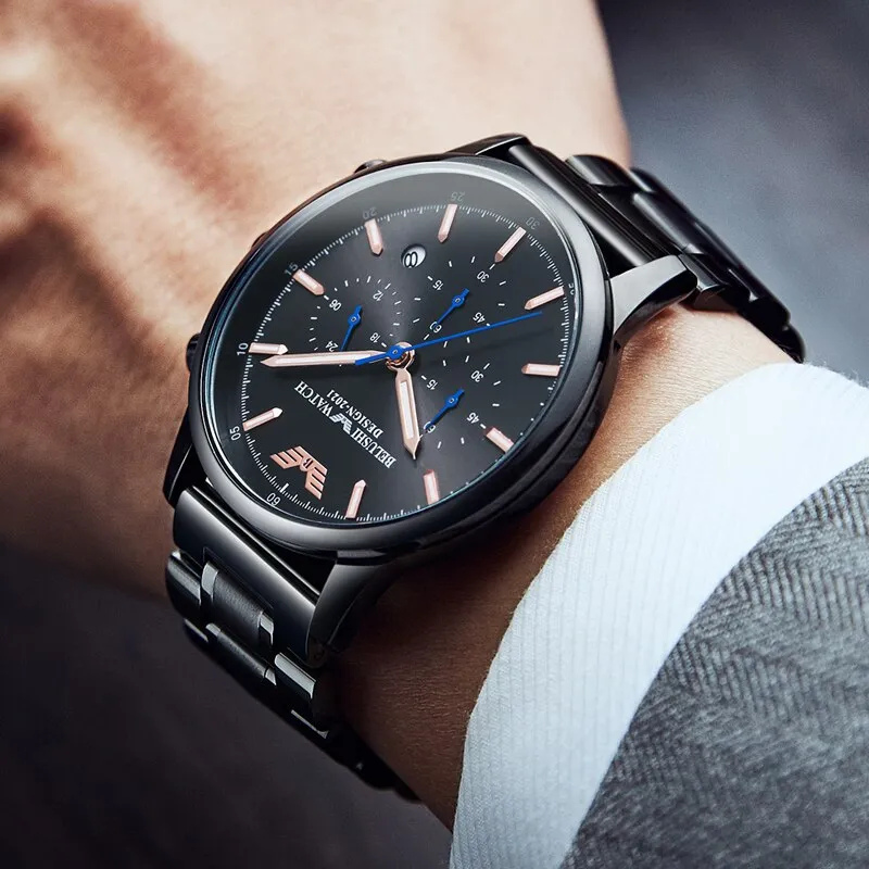 BELUSHI Fashion Mens Watches Luxury Top Brand Stainless Steel Sports Chronograph Quartz Watch Men Waterproof Relogio Masculino