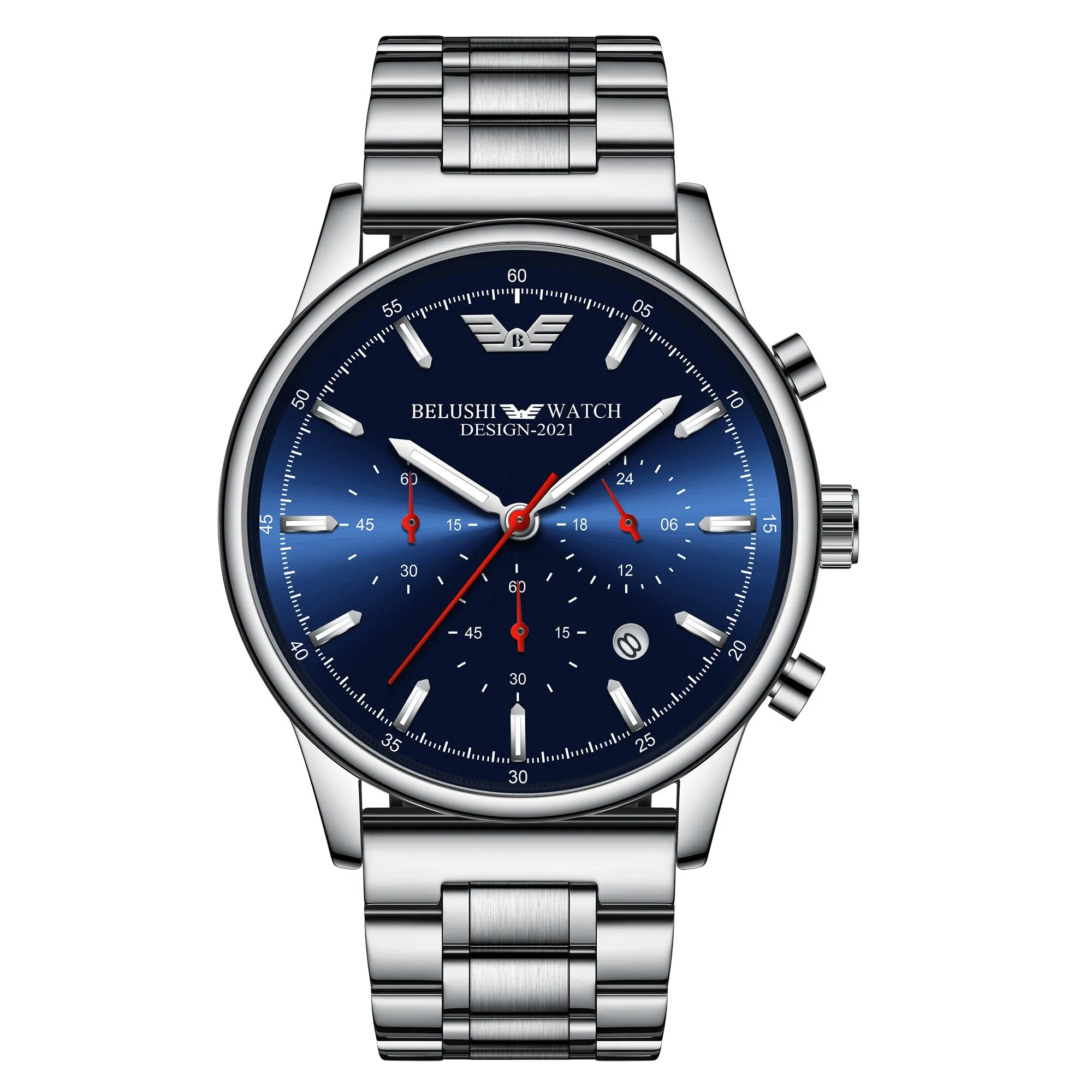 BELUSHI Fashion Mens Watches Luxury Top Brand Stainless Steel Sports Chronograph Quartz Watch Men Waterproof Relogio Masculino