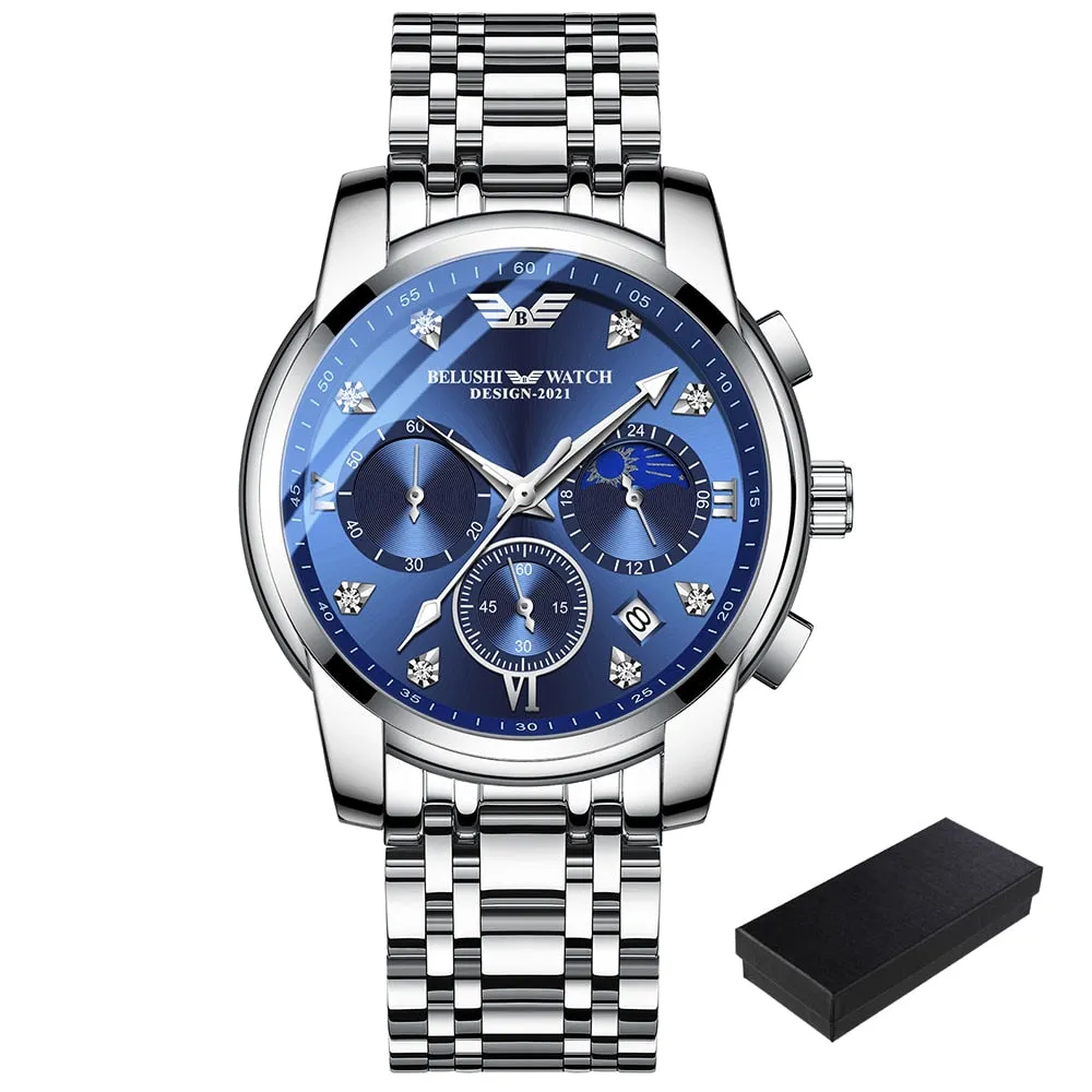 BELUSHI Men Watches Top Brand Luxury Fashion Chronograph Clock Sports Quartz Men Watch Full Steel Waterproof Luminous Wristwatch
