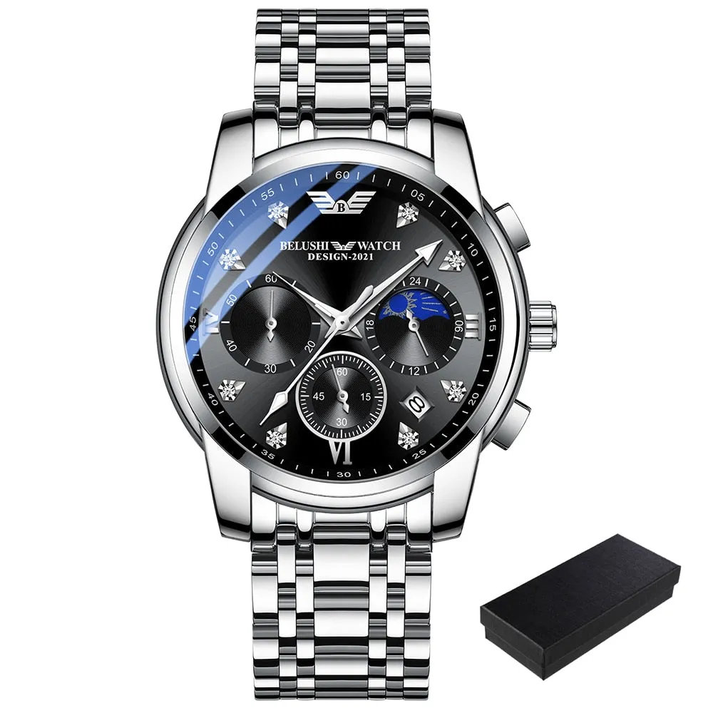 BELUSHI Men Watches Top Brand Luxury Fashion Chronograph Clock Sports Quartz Men Watch Full Steel Waterproof Luminous Wristwatch