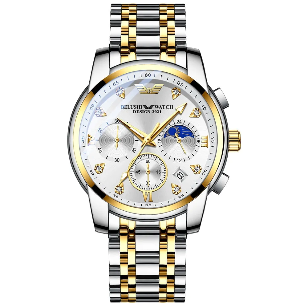 BELUSHI Men Watches Top Brand Luxury Fashion Chronograph Clock Sports Quartz Men Watch Full Steel Waterproof Luminous Wristwatch
