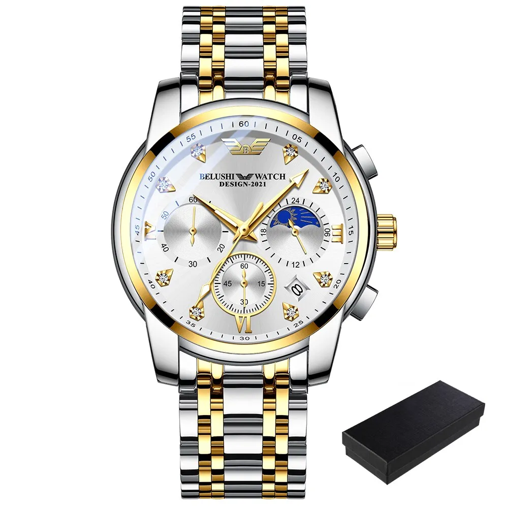 BELUSHI Men Watches Top Brand Luxury Fashion Chronograph Clock Sports Quartz Men Watch Full Steel Waterproof Luminous Wristwatch