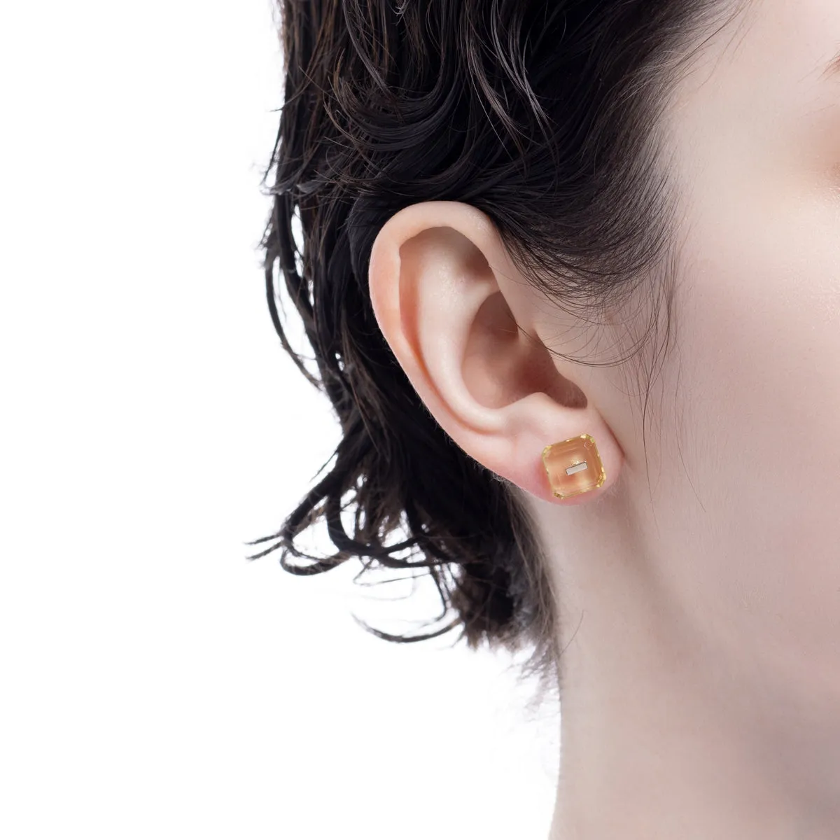 BIRD OF PARADISE Naked Square Stone Stud Earring, Lemon Quartz