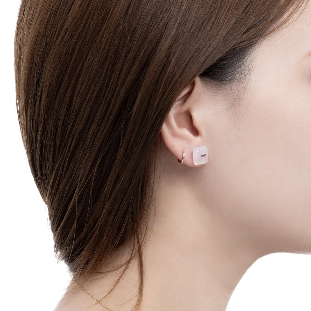 BIRD OF PARADISE Naked Square Stone Stud Earring, White Chalcedony