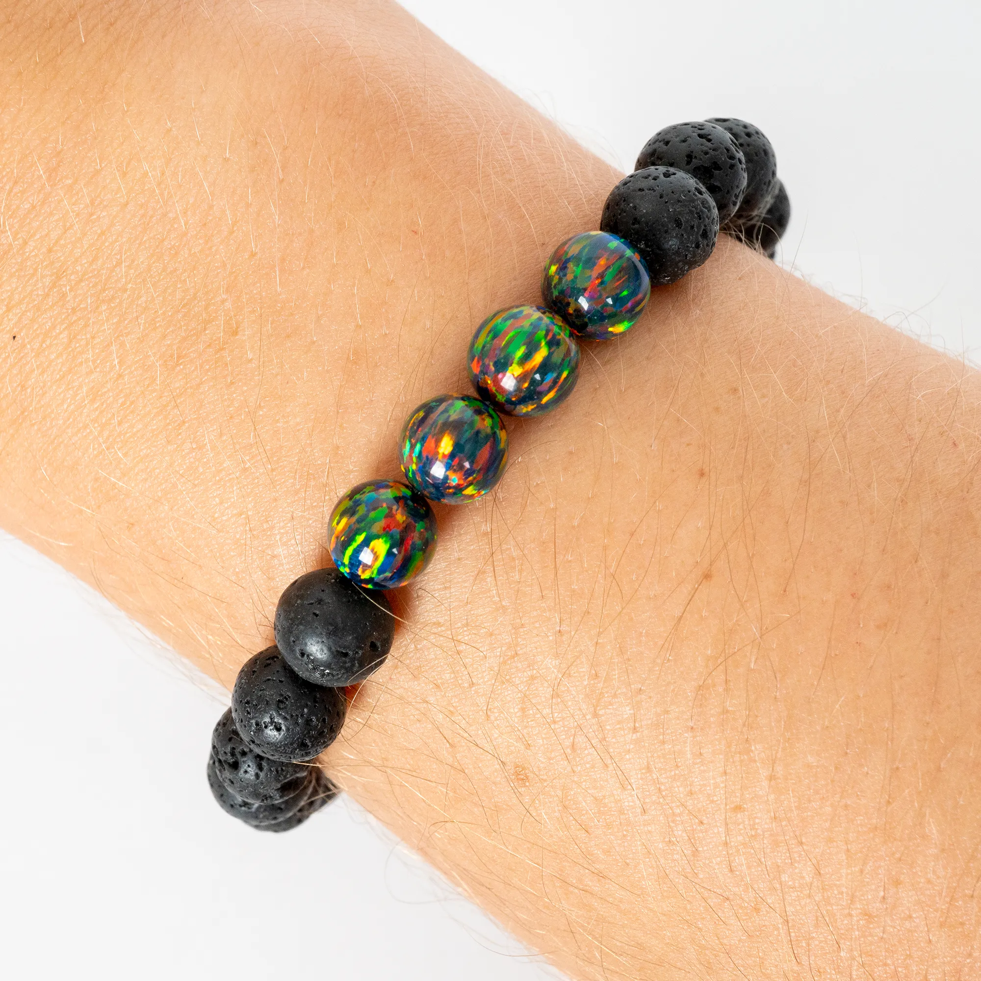 Black Fire Opal & Lava Stone Beaded Bracelet