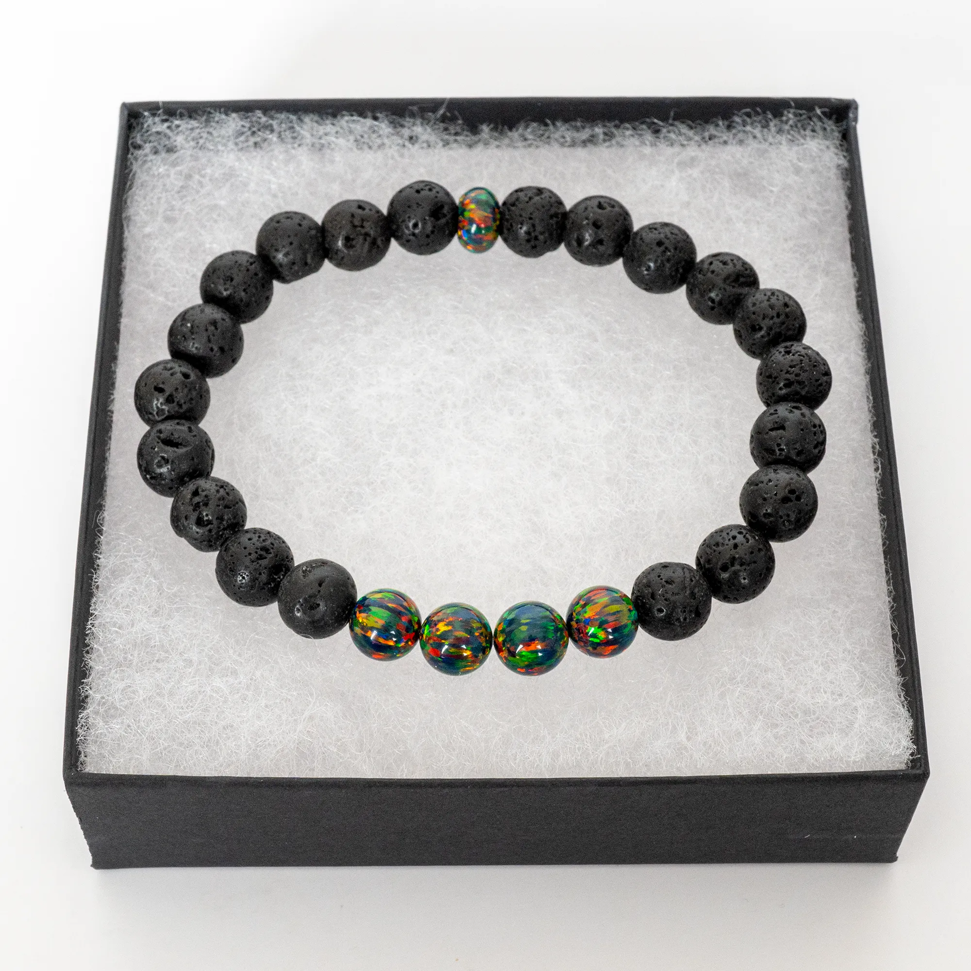Black Fire Opal & Lava Stone Beaded Bracelet