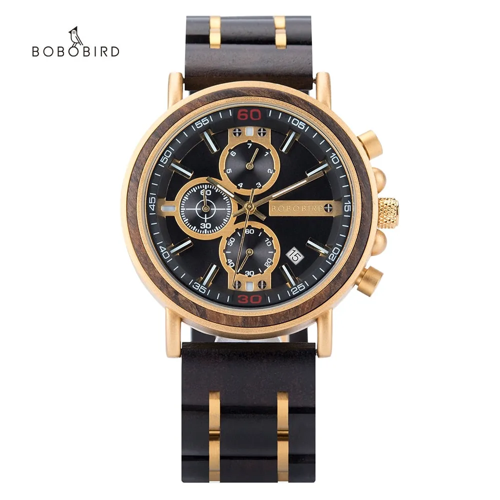 BOBO BIRD P09 Wood and Stainless Steel Luminous Hand Wristwatch