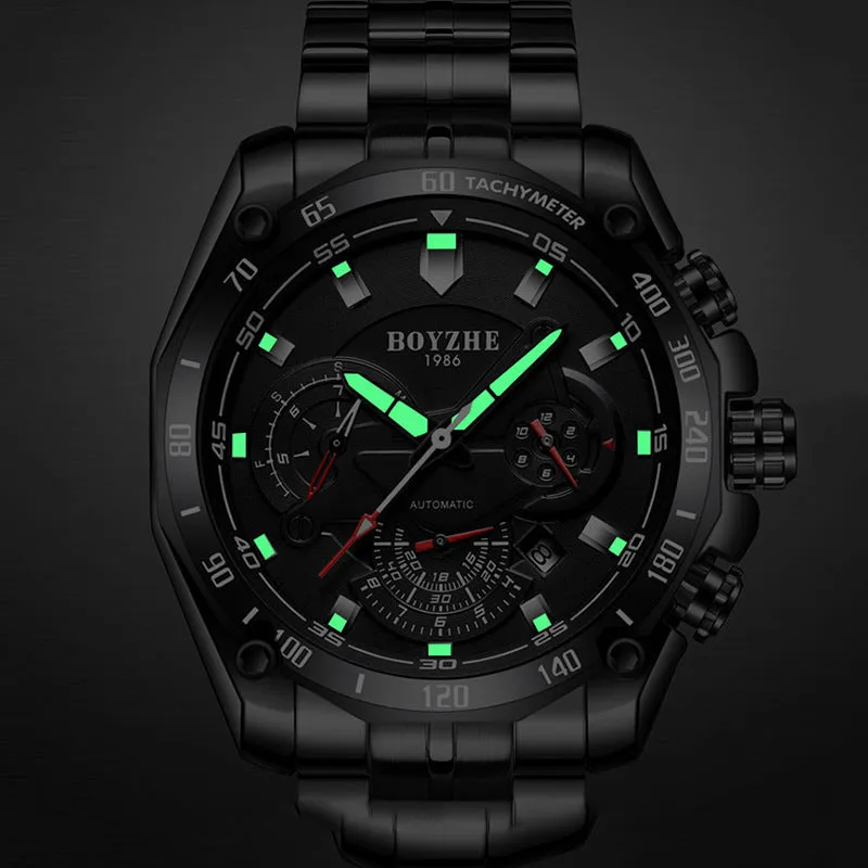 BOYZHE Certified Brand Watch Steel Belt Week Display Luminous Waterproof Fashion Sports Men Mechanical Watches
