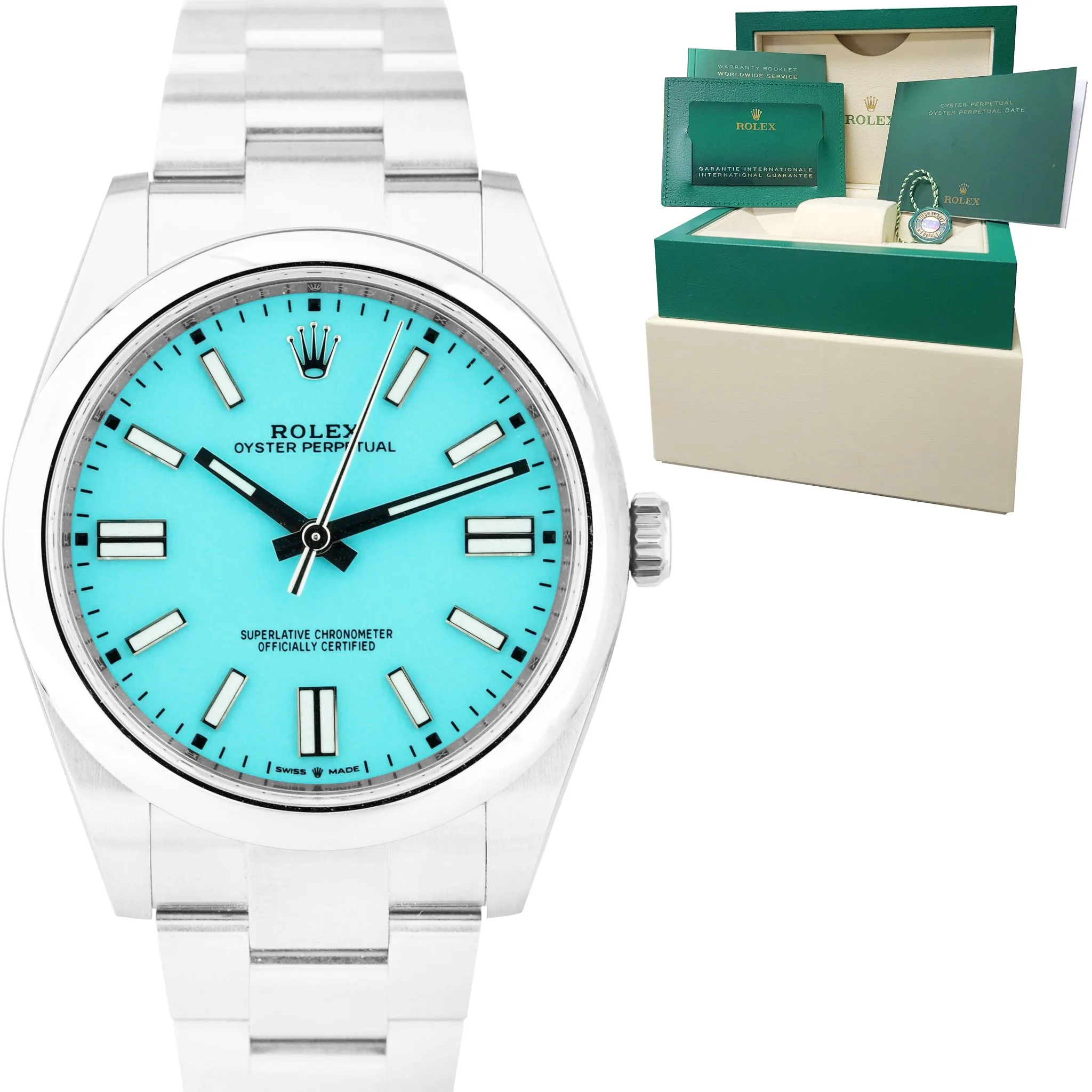 BRAND NEW SEPT. 2021 Rolex Oyster Perpetual 41mm TURQUOISE BLUE Watch 124300 B P