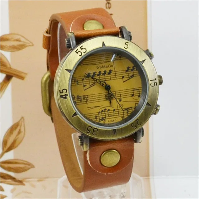 Brand Womage Watch Womens Watches Music Note Watch Leather Belt Quartz Watches Fashion Women Dress Watch Vintage Watches