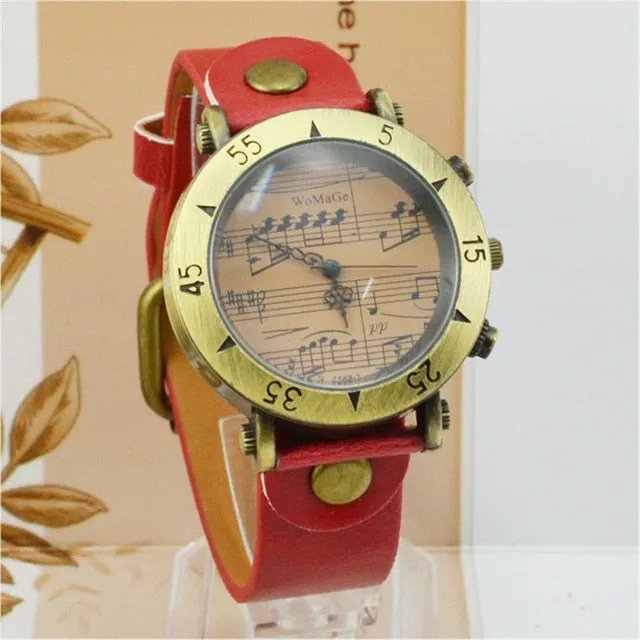 Brand Womage Watch Womens Watches Music Note Watch Leather Belt Quartz Watches Fashion Women Dress Watch Vintage Watches