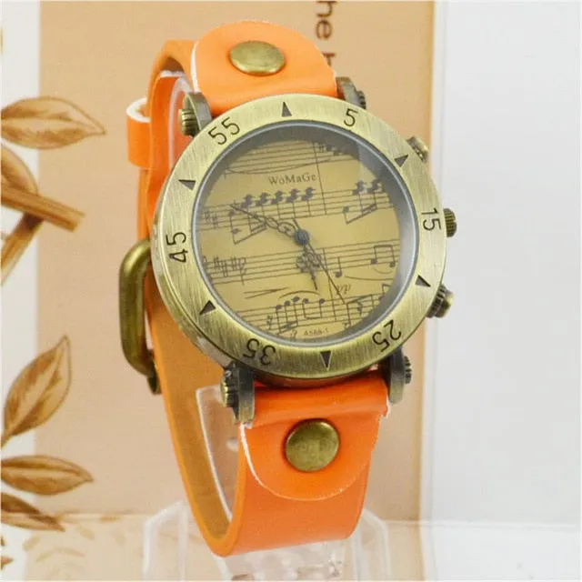Brand Womage Watch Womens Watches Music Note Watch Leather Belt Quartz Watches Fashion Women Dress Watch Vintage Watches