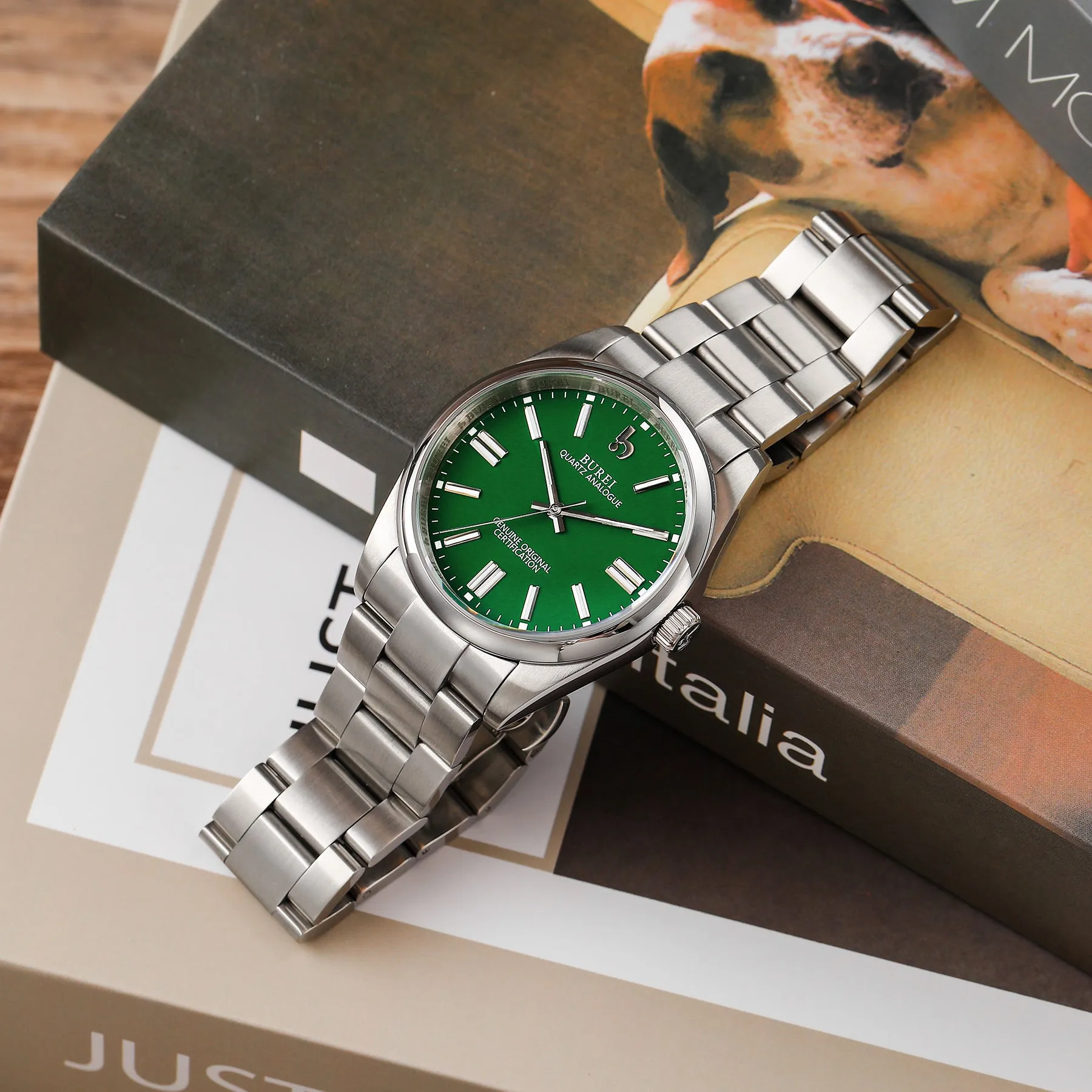 BUREI Men's Stainless Steel Fashion Watch Japan Movement Quartz Wristwatches for Men 41mm Luxury Round Watch