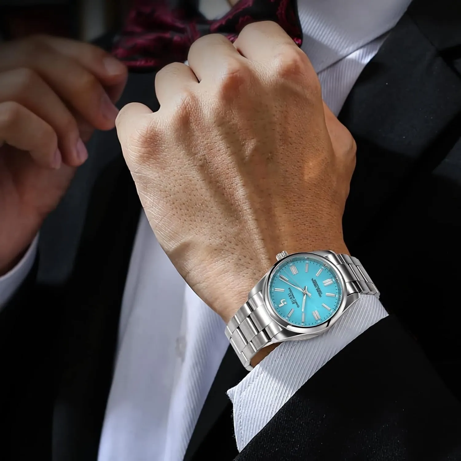 BUREI Men's Stainless Steel Fashion Watch Japan Movement Quartz Wristwatches for Men 41mm Luxury Round Watch