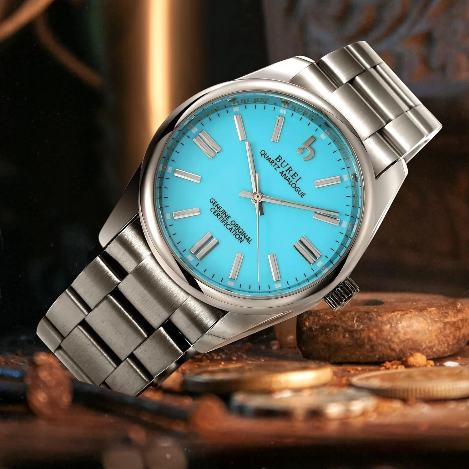 BUREI Men's Stainless Steel Fashion Watch Japan Movement Quartz Wristwatches for Men 41mm Luxury Round Watch