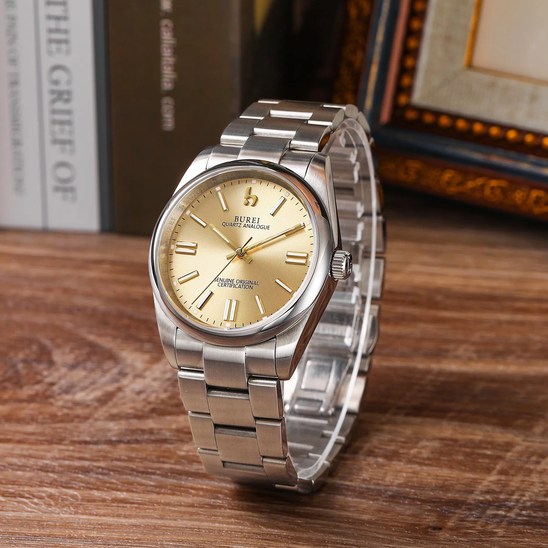 BUREI Men's Stainless Steel Fashion Watch Japan Movement Quartz Wristwatches for Men 41mm Luxury Round Watch