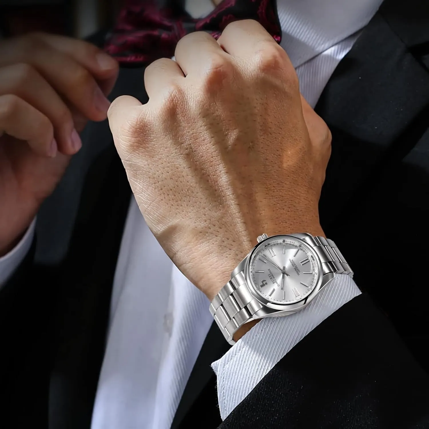 BUREI Men's Stainless Steel Fashion Watch Japan Movement Quartz Wristwatches for Men 41mm Luxury Round Watch