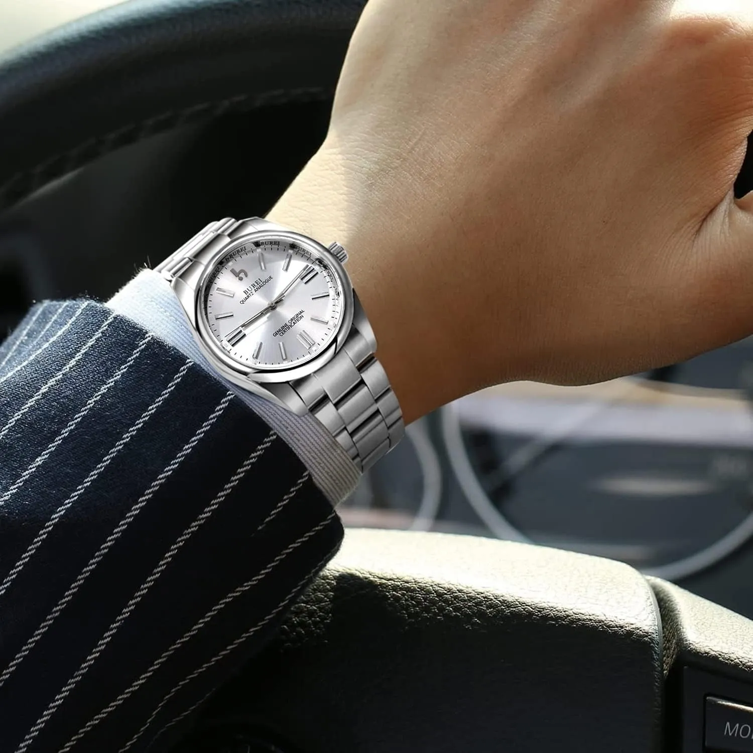 BUREI Men's Stainless Steel Fashion Watch Japan Movement Quartz Wristwatches for Men 41mm Luxury Round Watch