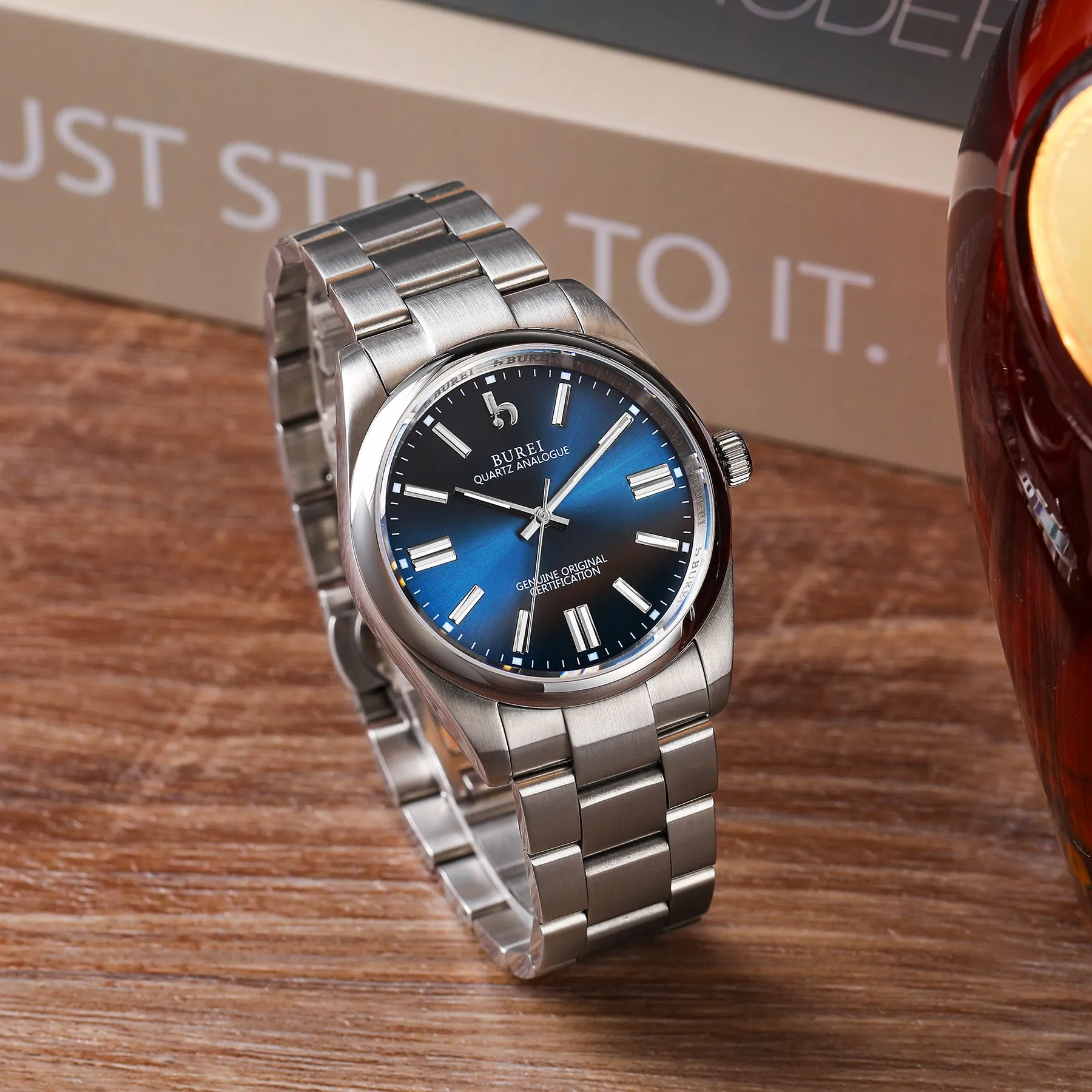 BUREI Men's Stainless Steel Fashion Watch Japan Movement Quartz Wristwatches for Men 41mm Luxury Round Watch