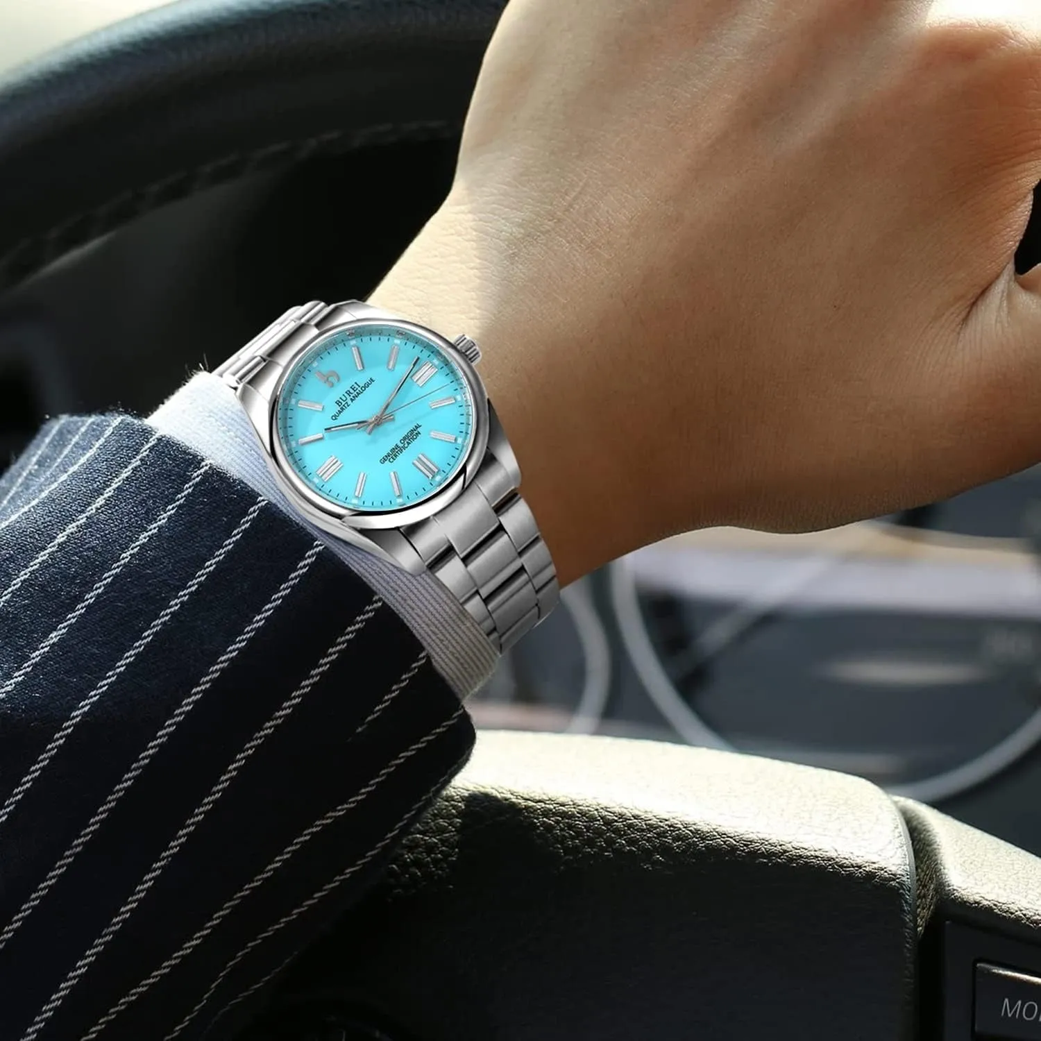 BUREI Men's Stainless Steel Fashion Watch Japan Movement Quartz Wristwatches for Men 41mm Luxury Round Watch