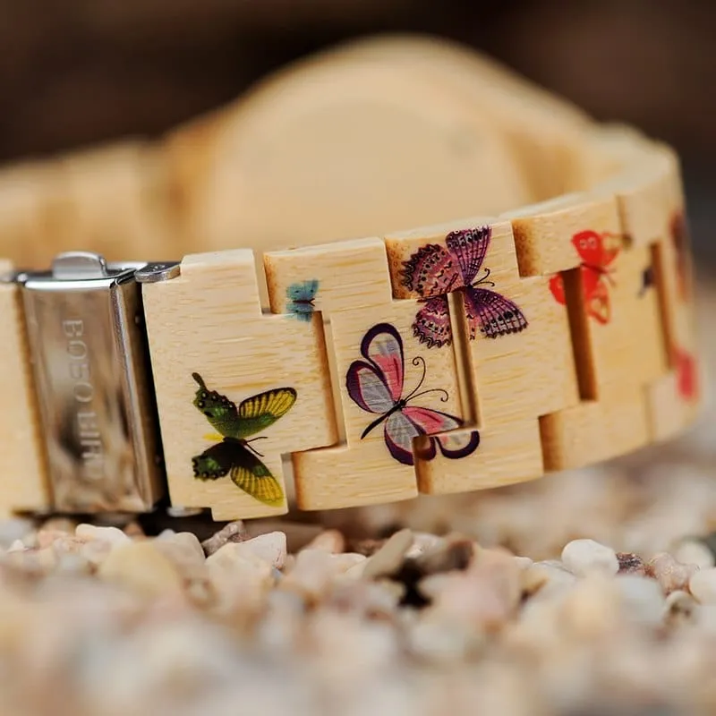 Butterfly Printed Bamboo Wood Women's Watches