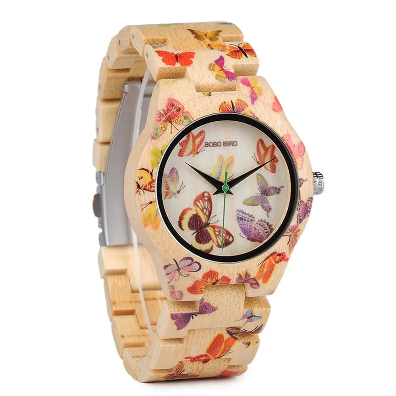 Butterfly Printed Bamboo Wood Women's Watches