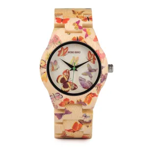 Butterfly Printed Bamboo Wood Women's Watches