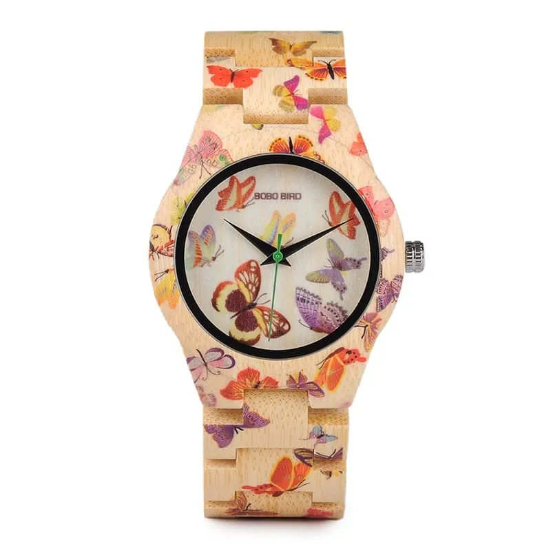 Butterfly Printed Bamboo Wood Women's Watches