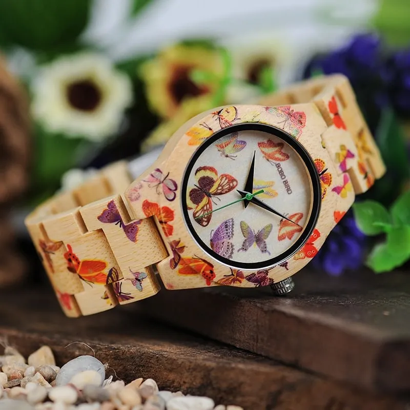 Butterfly Printed Bamboo Wood Women's Watches