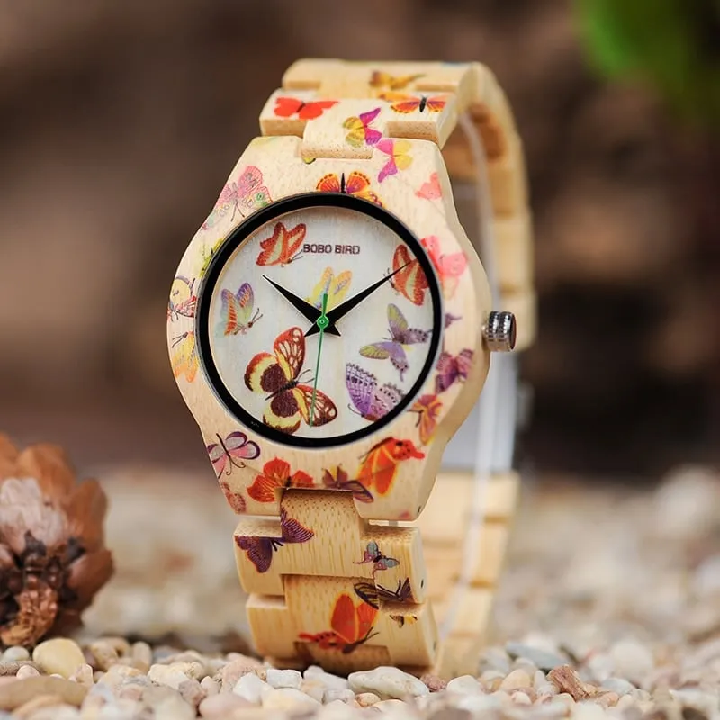 Butterfly Printed Bamboo Wood Women's Watches