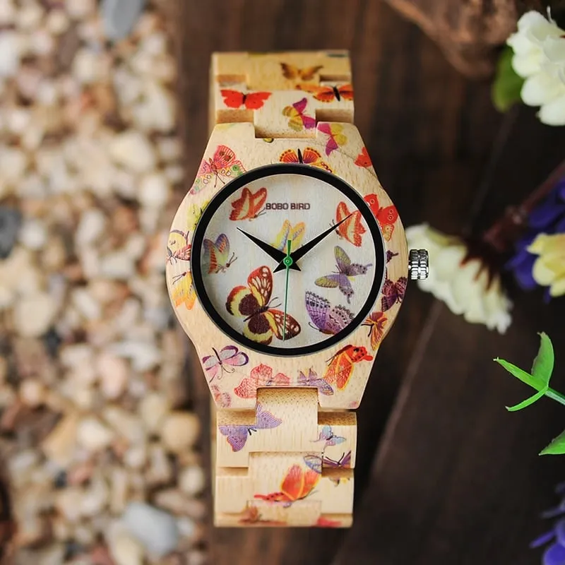 Butterfly Printed Bamboo Wood Women's Watches