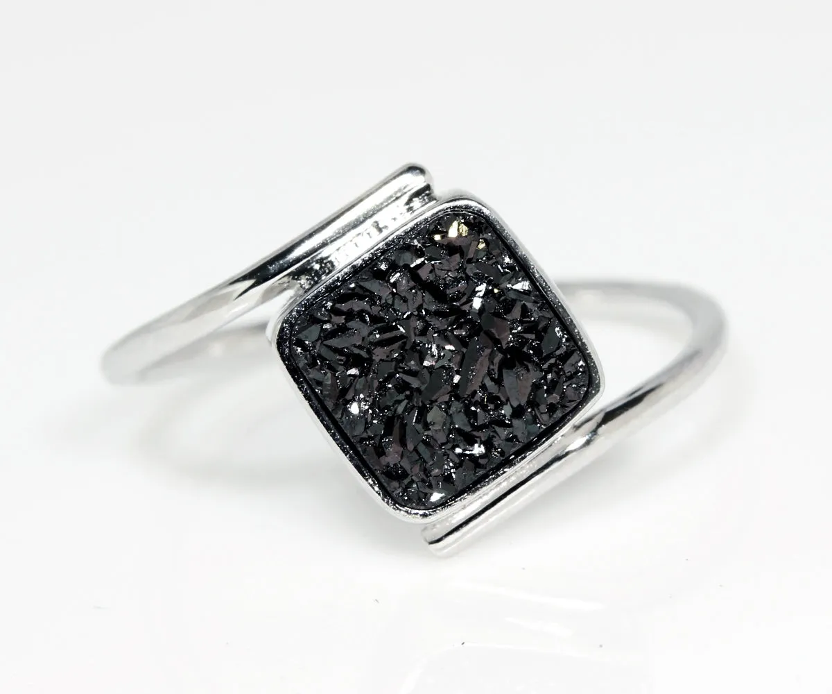 Bypass Square Black Druzy Ring