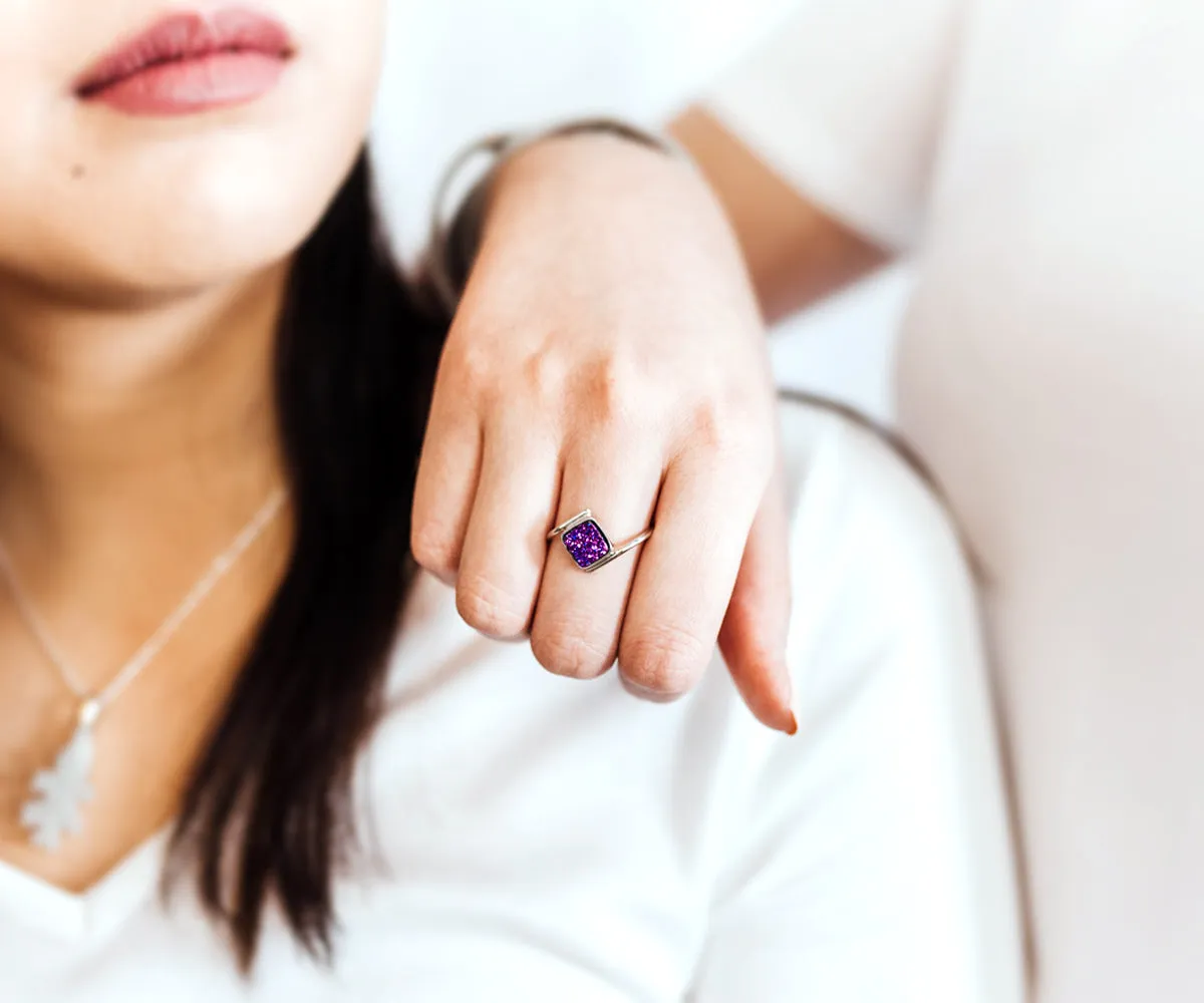 Bypass Square Purple Rainbow Druzy 14k Ring