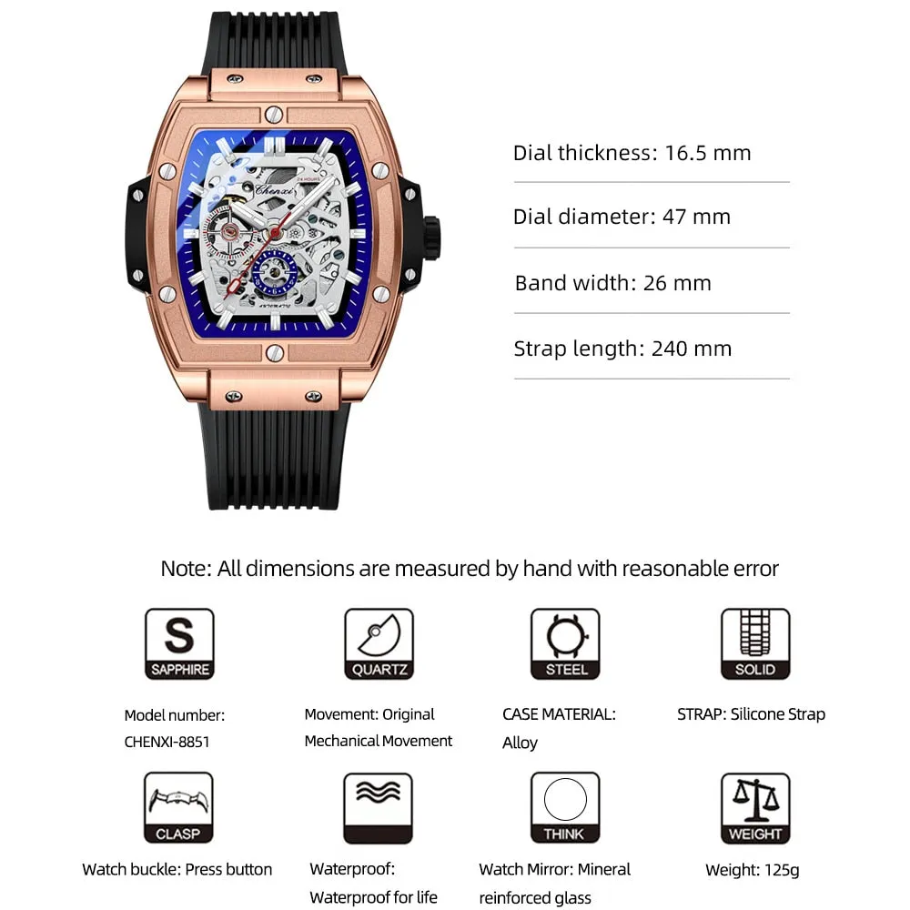 CHENXI Mens Tourbillon Mechanical Sports Waterproof Luminous Wrist Watches Date Quartz Watch Men Business Skeleton Clock Male