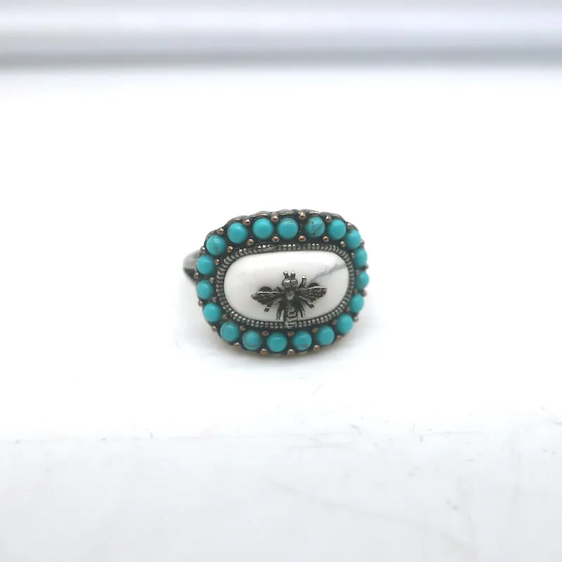 Christian Dior Bohemienne Turquoise & Resin Bee Ring Silver Size 6 -Medium