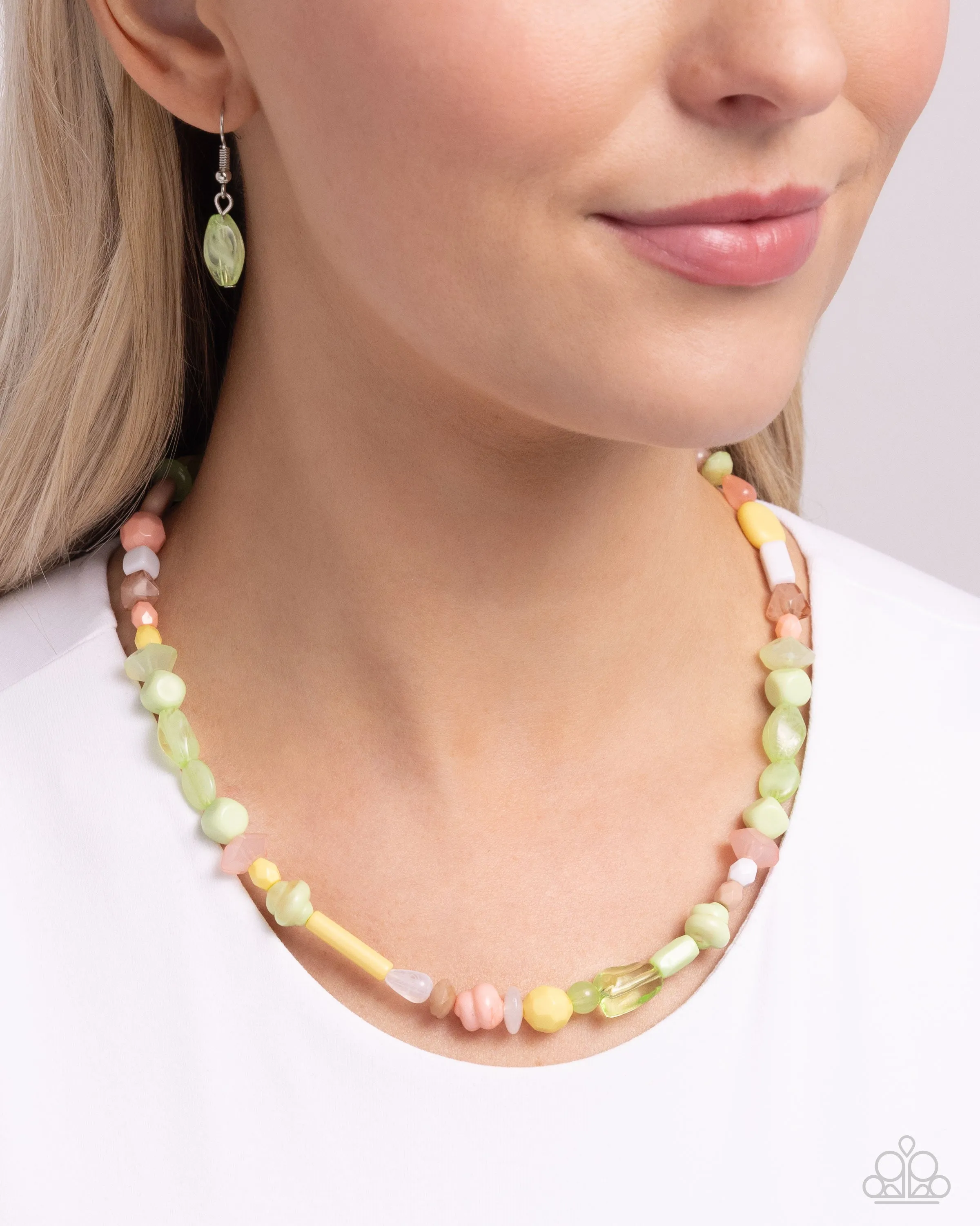 Colored Can-Can - Green - Green, Yellow, White Bead Paparazzi Short Necklace
