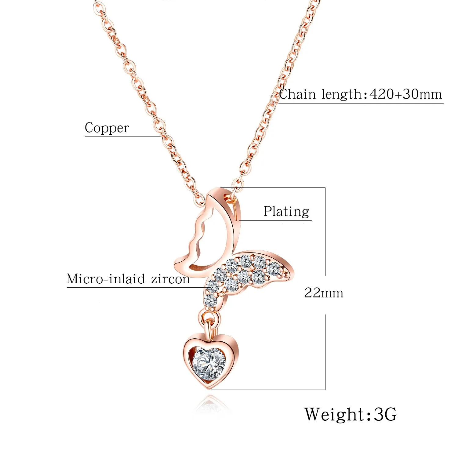 Copper Plated 18K Rose Gold Necklace Simple Hollow Love Clavicle Chain Butterfly Diamond Pendant