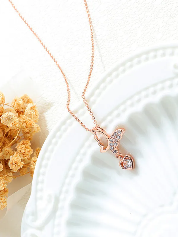 Copper Plated 18K Rose Gold Necklace Simple Hollow Love Clavicle Chain Butterfly Diamond Pendant